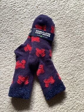 Double Layer Cozy Socks - Navy with Red Crabs Pattern